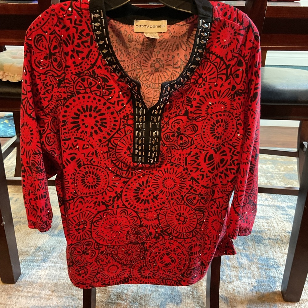 Womens Cathy Daniels Sparkle Top Red Black Size L